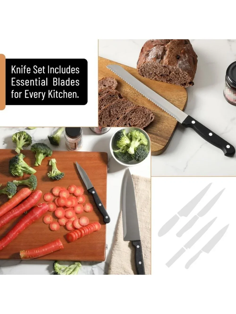 14-Piece Stainless Steel Kitchen Knife Set with Block & Sharpener - Durable